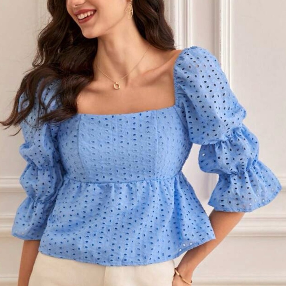 SHEIN top light blue eyelet square neck‎ puffy sleeves size small